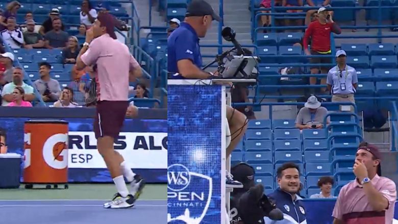 Chair Umpire Fergus Murphy narrowly escapes injury during Cincinnati match